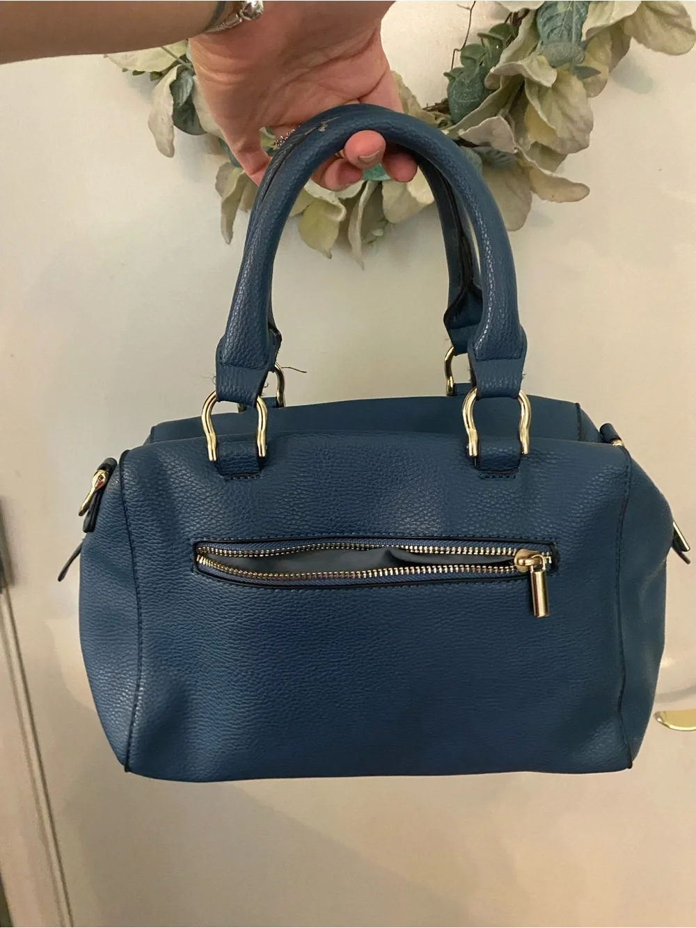 Classic Navy Faux Leather Hand Bag with Gold Hardware